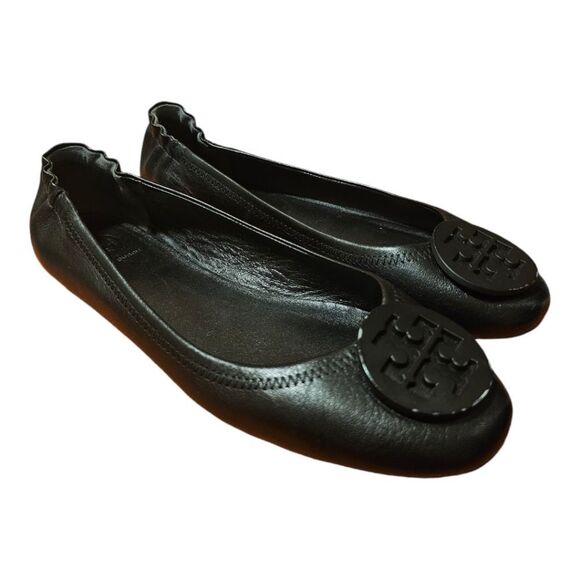 TORY BURCH Minnie Travel Ballet Flats Black Leather - Size 9 1/2 - Picture 1 of 10